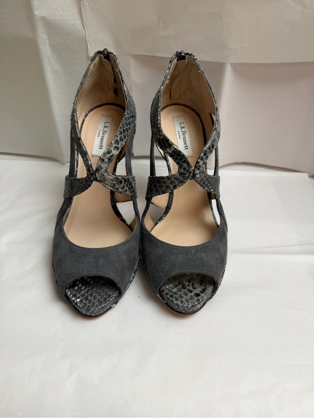 LK Bennett Black Suede and Snakeskin T-Strap Peep-Toe Heels